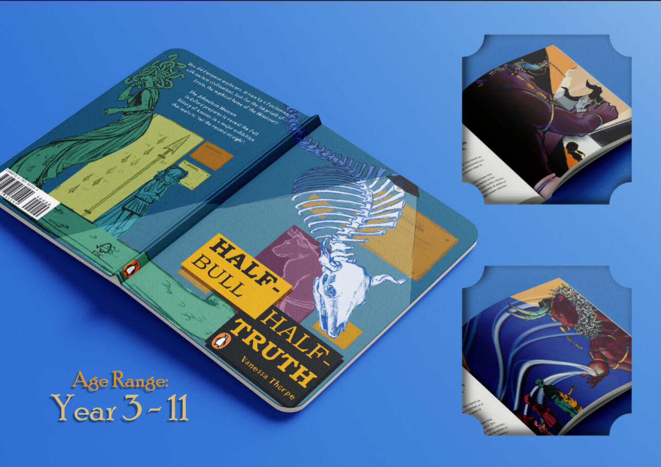 Mock up of a potential fiction book based on a non-fictional text. The article depictected is "Half-Bull, Half-Truth" by Vanessa Thorpe in the Guardian. Includes a cover and two interior pages.