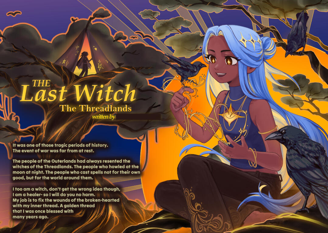 Concept page created for the "Time to Write" 2026 competition hosted by the ISEB and IAPS, with theme "Thread" . The brief involved creating an illustration depicting the main character and setting of the story written by one of the runner-ups.